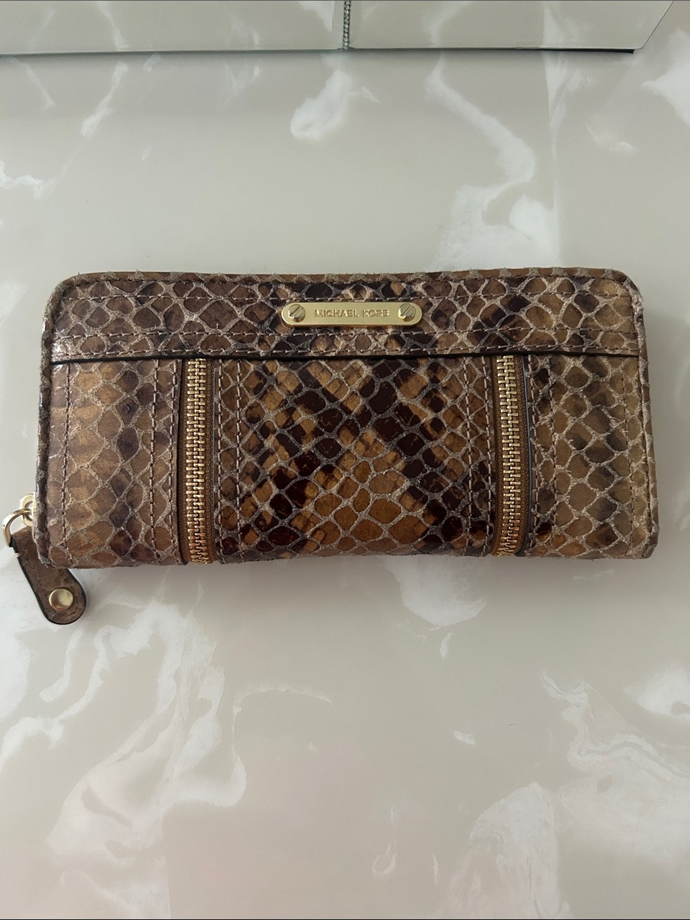 Snake-Print Zip Around Wallet in Brown
